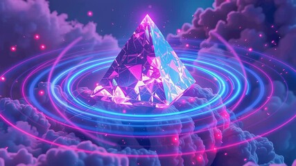 Futuristic crystal pyramid glowing neon light, surrounded by cloud and energy ring, vibrant surreal fantasy digital art, mystical atmosphere - Powered by Adobe