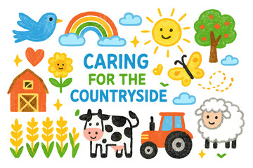 Joyful Countryside Doodles. Colorful Hand-drawn doodle Children illustration Caring for the Countryside barn, crops, tractor,