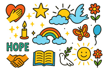 Faith and Hope Doodles. Colorful Hand-drawn doodle Children illustration Faith and trust hand on heart, shining star, sunrise,