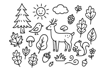Forest Nature Doodles. Hand-drawn doodle illustration Forest leaves carpet [forest trees, oak leaf, maple leaf, birch leaf,