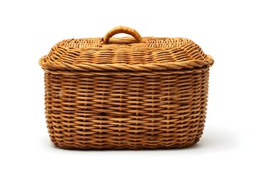 Obraz premium Organize with natural charm: Handwoven rattan storage basket, elegantly isolated on white, for stylish home solutions.