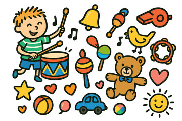 Children's Musical Adventure. Colorful Hand-drawn doodle Children illustration Exploring sounds drum, rattle, bell, whistle,
