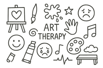 Art Therapy Doodles. Hand-drawn doodle illustration Art therapy and emotional release canvas, paintbrush, paint splash, happy face