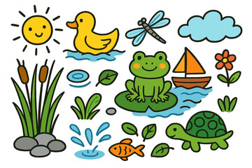 Naklejka premium Whimsical Riverbank Scene. Colorful Hand-drawn doodle Children illustration Riverbank Scene duck, frog, lily pad, fish, reeds,