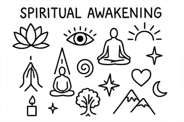 Spiritual Symbols Doodle. Spiritual Awakening. Hand-drawn doodle illustration lotus flower, open eye, sun rays, meditating figure,