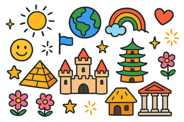 Whimsical World Architecture Doodles. Colorful Hand-drawn doodle Children illustration World Architecture [pyramid, pagoda, castle