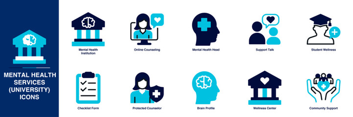 Mental Health Services (University) Blue Colored Outline Icon Set