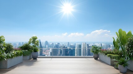 Fototapeta premium Bright Sunny Day Overlooking a City Skyline from a Modern Terrace with Lush Green Plants