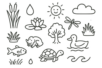 Obraz premium Freshwater Habitat Doodles. Hand-drawn doodle illustration Freshwater plants and habitats [reeds, water lily, lotus, algae, grass