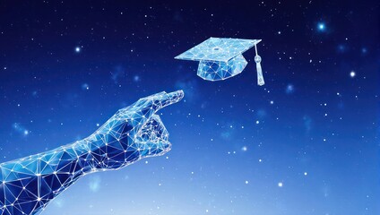 Reaching for academic success, a digital hand grasps a graduation cap against a starry night sky, symbolizing knowledge and achievement.