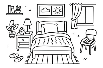 Cozy Bedroom Doodle. Cozy bedroom. Hand-drawn doodle illustration cozy bedroom bed, pillow, blanket, lamp, nightstand, alarm clock, rug, chair, book, window,