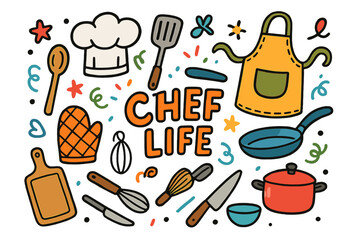 Chef's Colorful Doodle. Chef Life. Colorful Hand-drawn doodle Children illustration Chef Life chef hat, apron, wooden spoon, spatula, pan, pot, rolling pin,