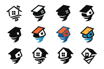 Hurricane Logo Set. Set Logo of Severe Hurricanes: Torn-off rooftop icon. Logo set in vector style, emblematic variations. line,
