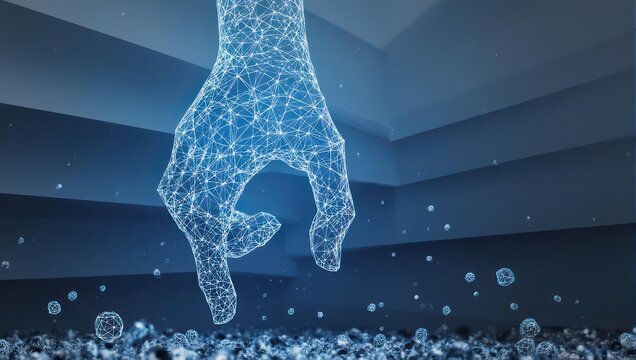 Dynamic digital hand reaching out from abstract network, symbolizing innovation and technological connection in modern business