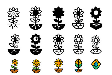 Drought-Resistant Sunflower Logos. Set Logo of Climate-resistant crops: Drought-proof sunflower. Logo set in vector style, emblematic variations. line, bold