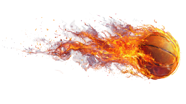 Basketball engulfed in dynamic orange and white flames isolated on transparent background