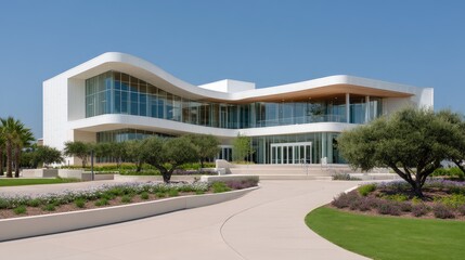 Modern Architectural Design of a Sleek White Building Surrounded by Lush Green Landscaping under Clear Blue Sky