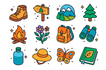 Nature Adventure Icons. Colorful isometric vector icons set of time in nature: hiking boots, forest trail sign, mountain view,
