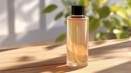 Naklejka premium Clear Glass Bottle with Brown Liquid on Wooden Surface Surrounded by Soft Natural Light and Green Leaves