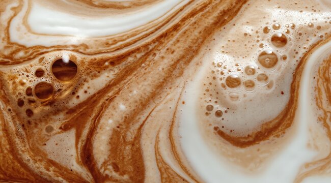 Creamy latte coffee or hot chocolate with frothy milk and chocolate swirl creating an abstract liquid texture