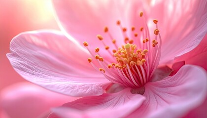 Fototapeta premium Close Up of Pink Cherry Blossom Flower with Bright Sunlight Highlighting Petals and Delicate Floral Details Captured with Sharp Focus