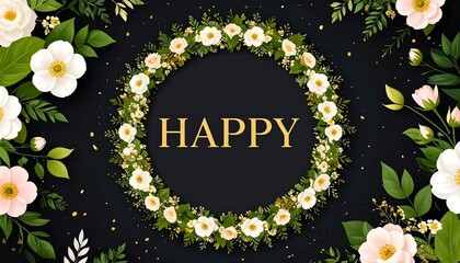 Floral wreath border with "Happy" text on dark background
