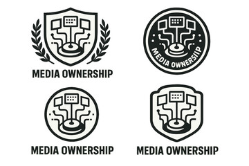 Obraz premium Media Ownership Logo. Set Logo of Media ownership: central control hub with data feeds. Logo set in vector style, emblematic
