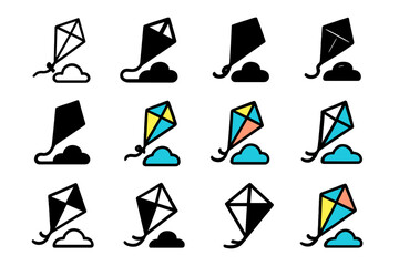 Fresh Breeze Kite Logos. Set Logo of Fresh Breeze: Kite in sky. Logo set in vector style, emblematic variations. line, bold thick line, solid black filled,