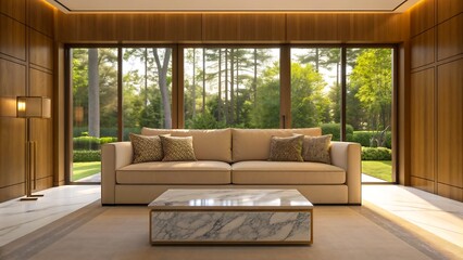 Fototapeta premium Modern luxury living room interior with beige sofa, marble coffee table, wooden wall panels and large glass windows overlooking green garden 