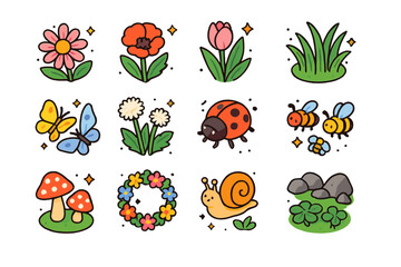 Blooming Meadow Icons. Colorful isometric vector icons set of blooming meadow: wildflowers, grass patches, butterflies, dandelions