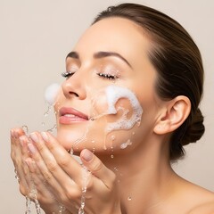A woman gently cleanses her face with water and rich foam, showcasing a serene and healthy complexion.