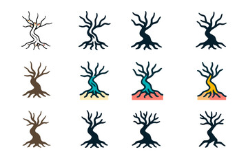 Barren Tree Logos. Set Logo of Barren Tree: Twisted Tree with Exposed Roots. Logo set in vector style, emblematic variations. line