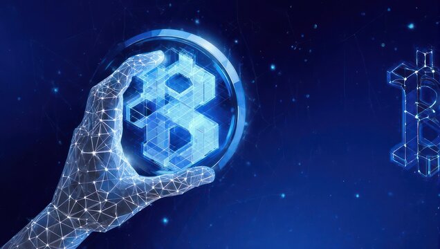 Futuristic digital hand cradles glowing cryptocurrency symbol against a deep blue starry network background, symbolizing financial innovation and blockchain technology.
