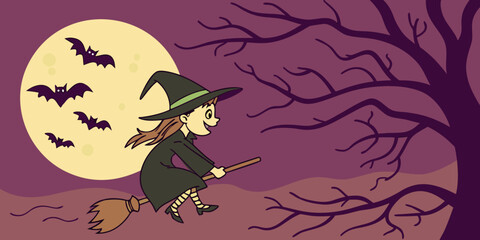 Halloween horizontal banner with vector logo. The inscription with ominous tree branches, bats and a pretty witch on a background of the full moon.