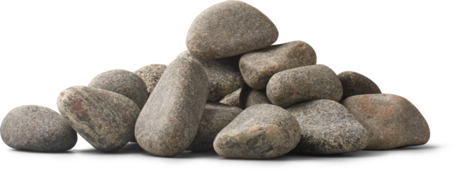 pile of gray pebble or river stones with smooth surface and speckled texture isolated white background, landscaping and aquarium decoration material in side view