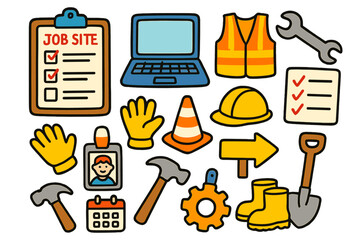 Construction Tools Doodle. Colorful Hand-drawn doodle Children illustration Job Site clipboard, laptop, construction vest, wrench, checklist, gloves, cone,