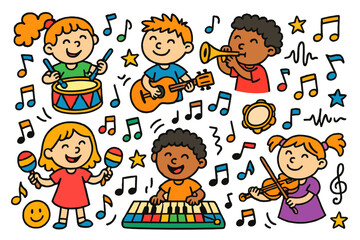 Musical Kids Doodle. Colorful Hand-drawn doodle Children illustration Playing musical instruments drum, guitar, keyboard, trumpet, violin, maracas, xylophone,