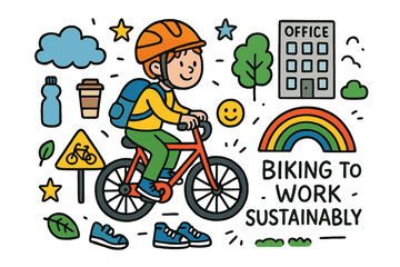 Kids Biking to Work. Colorful Hand-drawn doodle Children illustration biking to work sustainably bicycle, helmet, backpack, water bottle, coffee cup, office