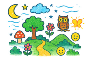 Dreamy Nightscape Doodle. Colorful Hand-drawn doodle Children illustration Dreamy landscape moon, star, cloud, tree, flower, mushroom, owl, glowing butterfly,