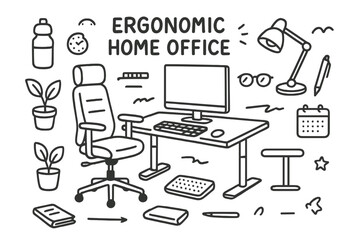 Ergonomic Office Doodles. Hand-drawn doodle illustration Ergonomic home office [ergonomic chair, adjustable desk, keyboard, monitor, mouse, footrest, wrist
