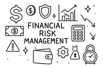 Financial Risk Doodle Icons. Hand-drawn doodle illustration Financial risk management [dollar sign, coin, banknote, shield, chart, bar graph, arrow,