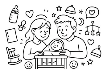 Parent-Child Doodle Scene. Hand-drawn doodle illustration Parents gazing at baby [baby, mom, dad, heart icon, crib, baby bottle, pacifier, blanket, smiley