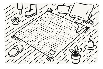 Cozy Rustic Rug Doodle. Hand-drawn doodle illustration Rug in rustic interior [wood floor, woven rug, stool leg, boot print, pet paw, folded corner, slipper,