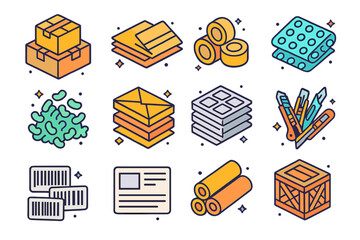 Colorful Packaging Icons. Colorful isometric vector icons set of piled up cardboard and packaging: box stacks, flattened boxes, tape rolls pile, bubble wrap