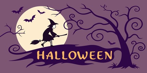  Halloween horizontal banner with vector logo. The inscription with ominous tree branches, bats and a pretty witch on a background of the full moon.