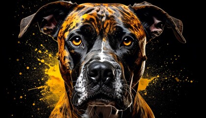 Close-up portrait of a dog with striking color patterns against a dark background