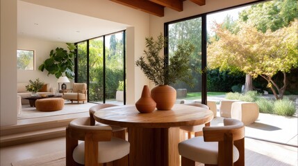 Fototapeta premium Modern bright interior design with wooden dining table and views of green garden and large windows