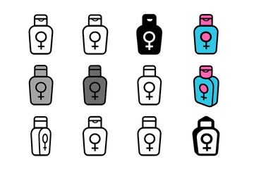 Feminine Hygiene Logos. Set Logo of Feminine Hygiene Products and Practices: Feminine Wash Bottle. Logo set in vector style, emblematic variations. line, bold