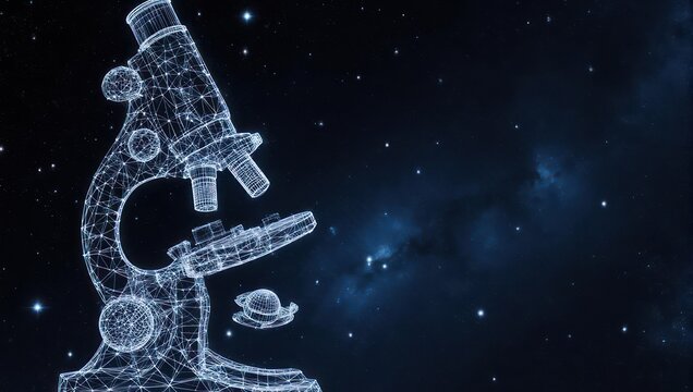 Discovering the universe with a digital microscope wireframe against a cosmic starry sky, symbolizing scientific exploration and innovation - Powered by Adobe