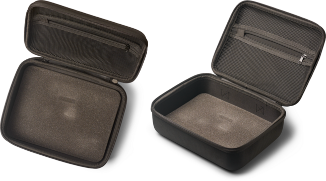 opened empty black travel or toiletry bag shows empty interior and zippered pocket, mock-up template  of preparation for a journey or organization concept, different angles